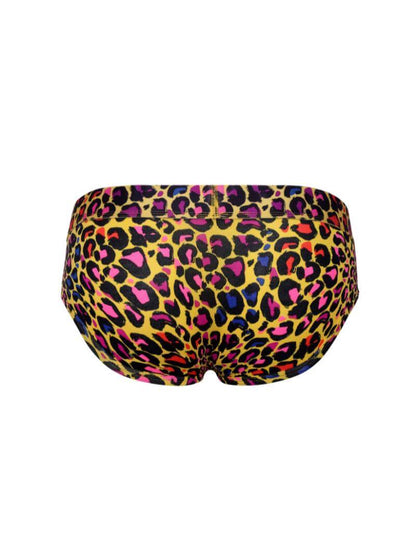 Colorful leopard print swim briefs on a white background