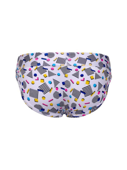 Colorful patterned swim briefs on a white background
