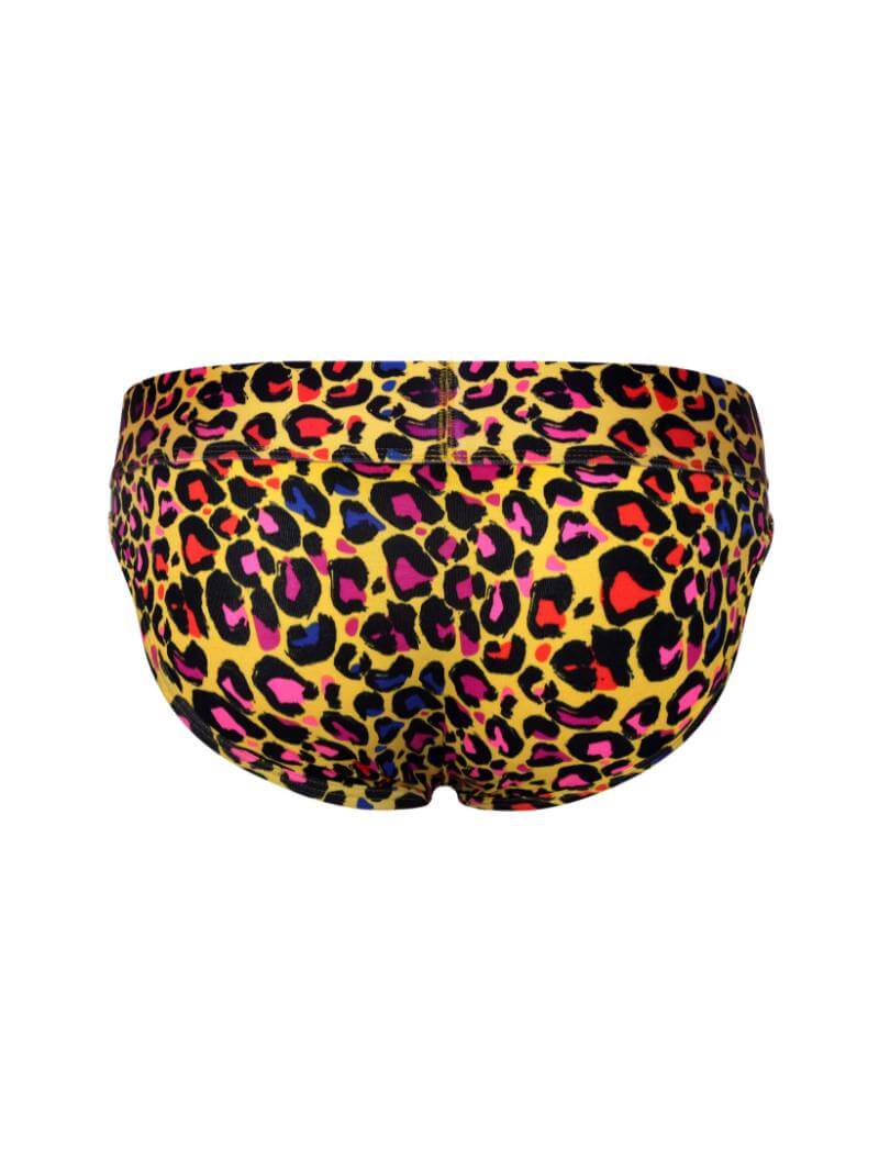 Leopard print swim briefs on a white background