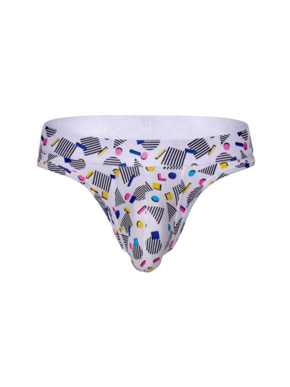 White mens thong with colorful geometric pattern on a white background