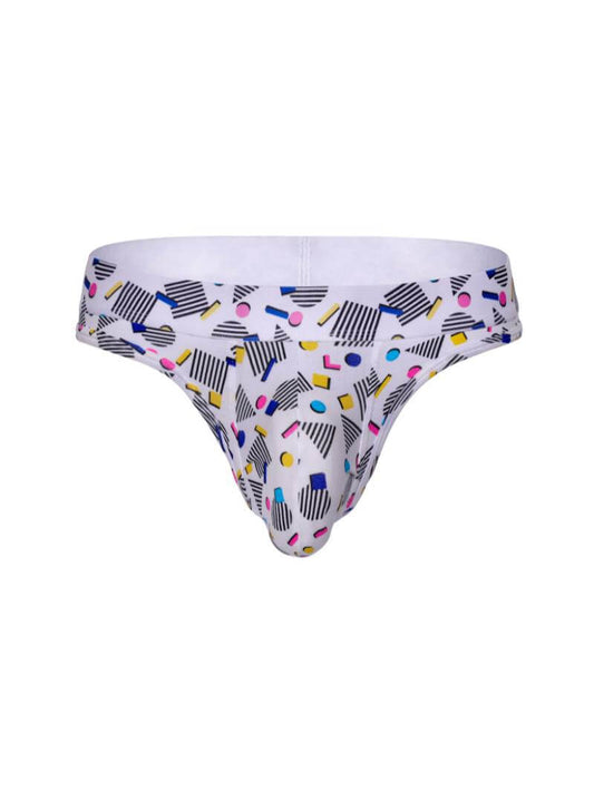 White mens thong with colorful geometric pattern on a white background