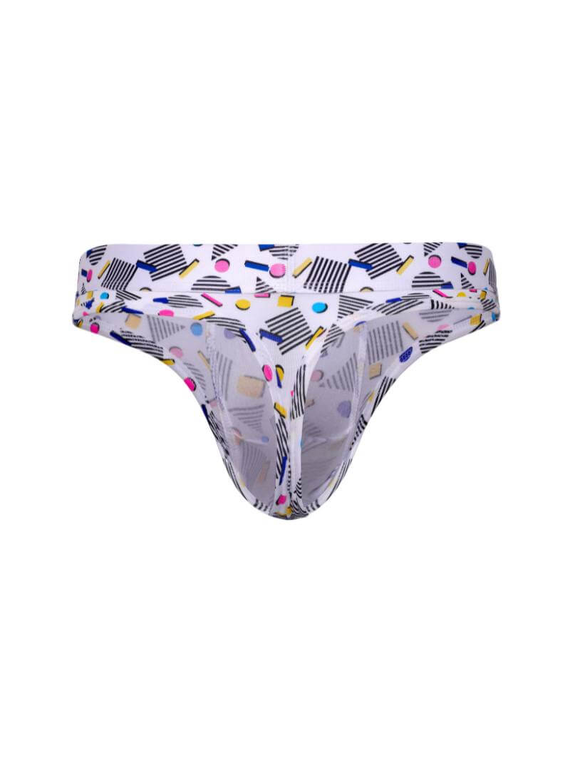 Multicolored patterned mens thong on a white background