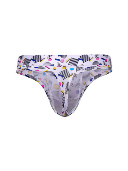 Multicolored patterned mens thong on a white background