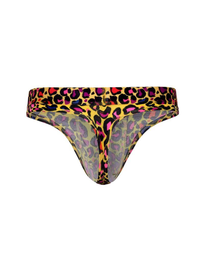 Multicolored leopard print mens thong on a white background