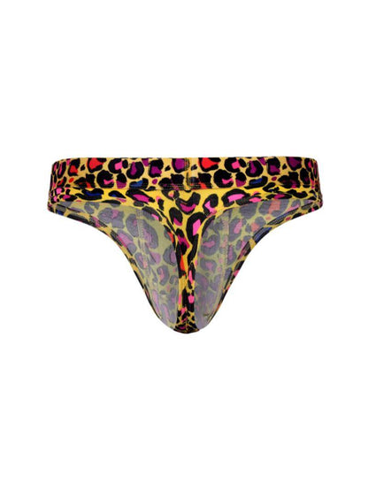 Multicolored leopard print mens thong on a white background