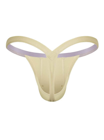 Beige thong with purple waistband on a white background