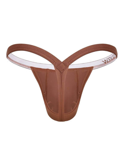 Gay Underwear Brown thong with mesh panels on a white background