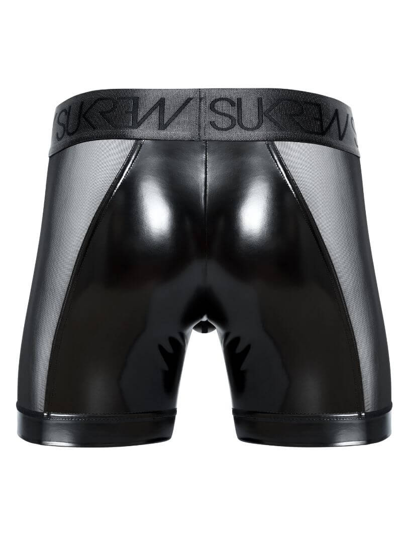 sukrew men's black wet look large pouch boxer briefs with sheer mesh side panels
