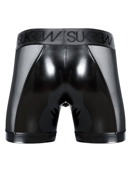 sukrew men's black wet look large pouch boxer briefs with sheer mesh side panels