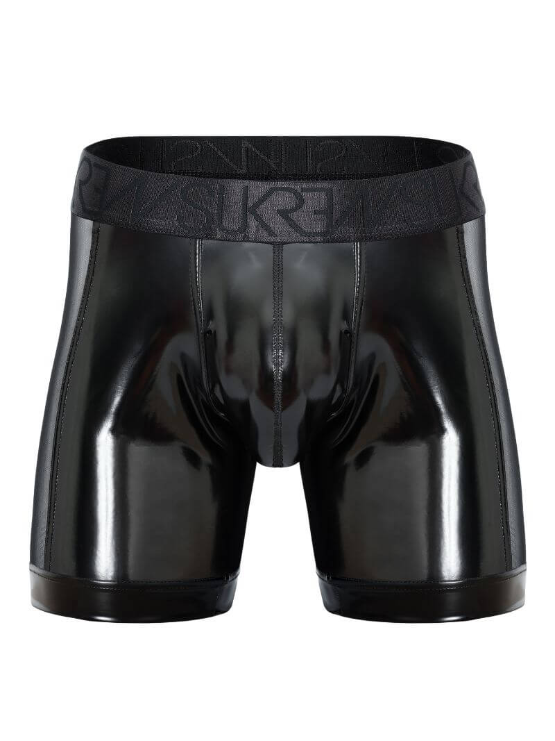 sukrew men's glossy black wet look large pouch boxer briefs with sheer mesh side panels