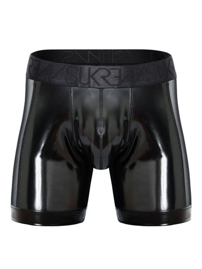 sukrew men's glossy black wet look large pouch boxer briefs with sheer mesh side panels