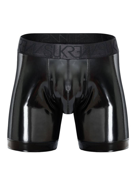 sukrew men's glossy black wet look large pouch boxer briefs with sheer mesh side panels