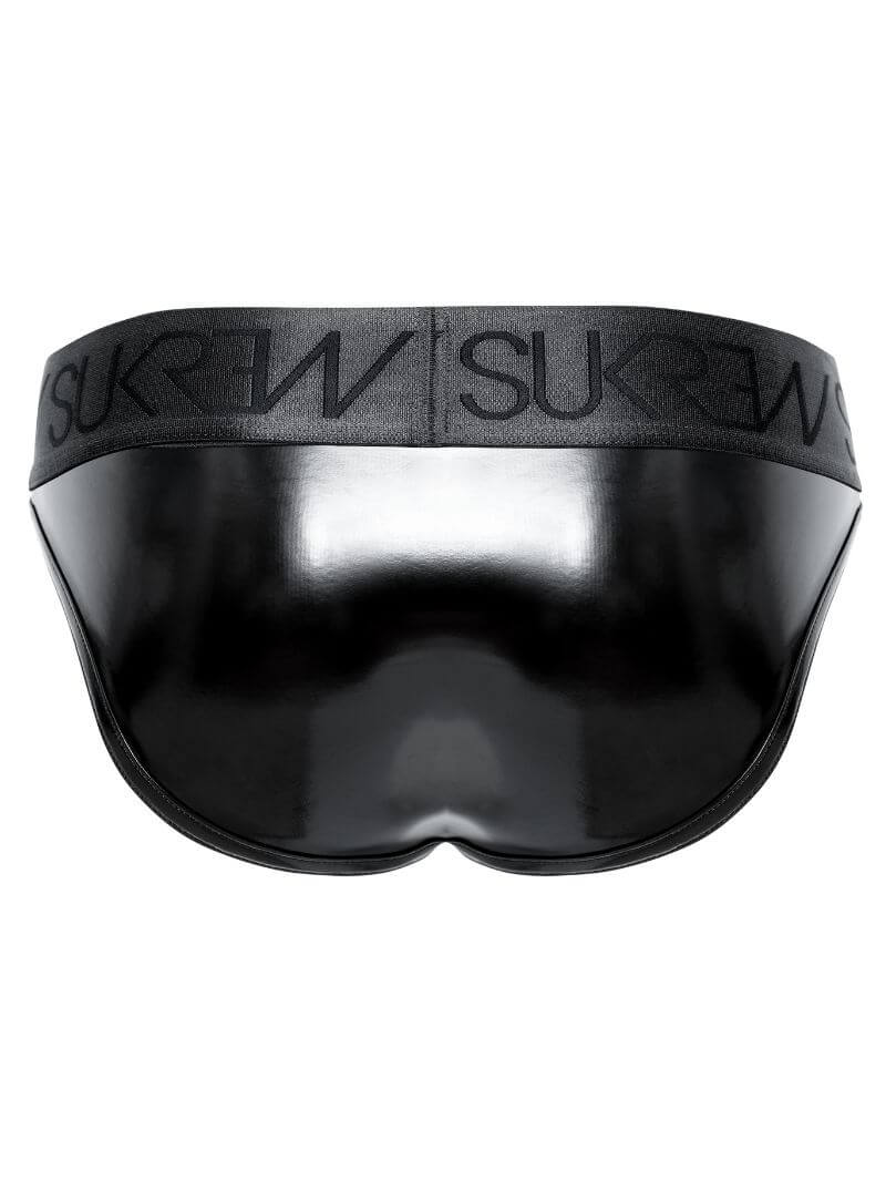 shiny black men's underwear with brand logo on a white background