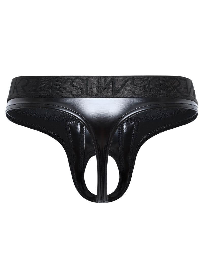 sukrew men's crochless u-style glossy black wet look underwear thong