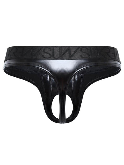 sukrew men's crochless u-style glossy black wet look underwear thong