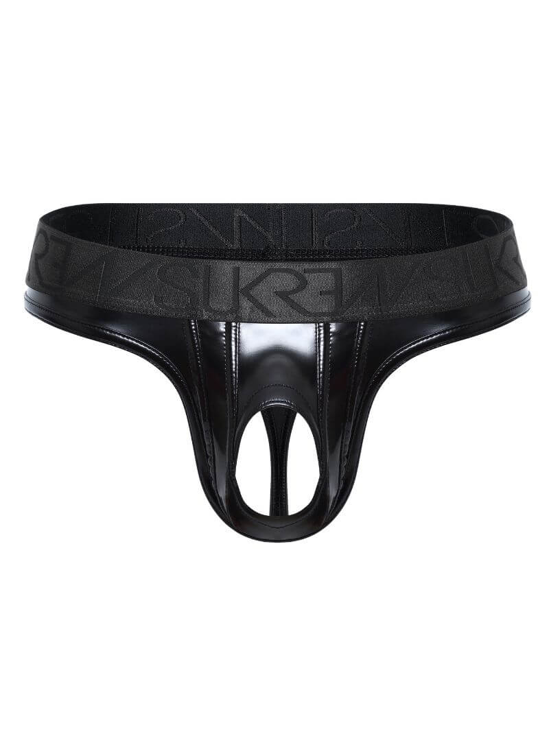 sukrew glossy black wet look crotchless men's thong