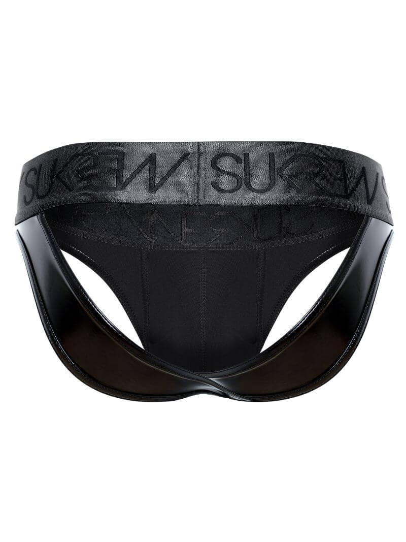 sukrew men's wet look shiny black backless v-brief 