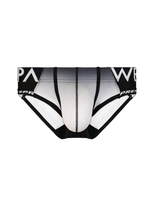 Black and white men's underwear with brand logo on a white background