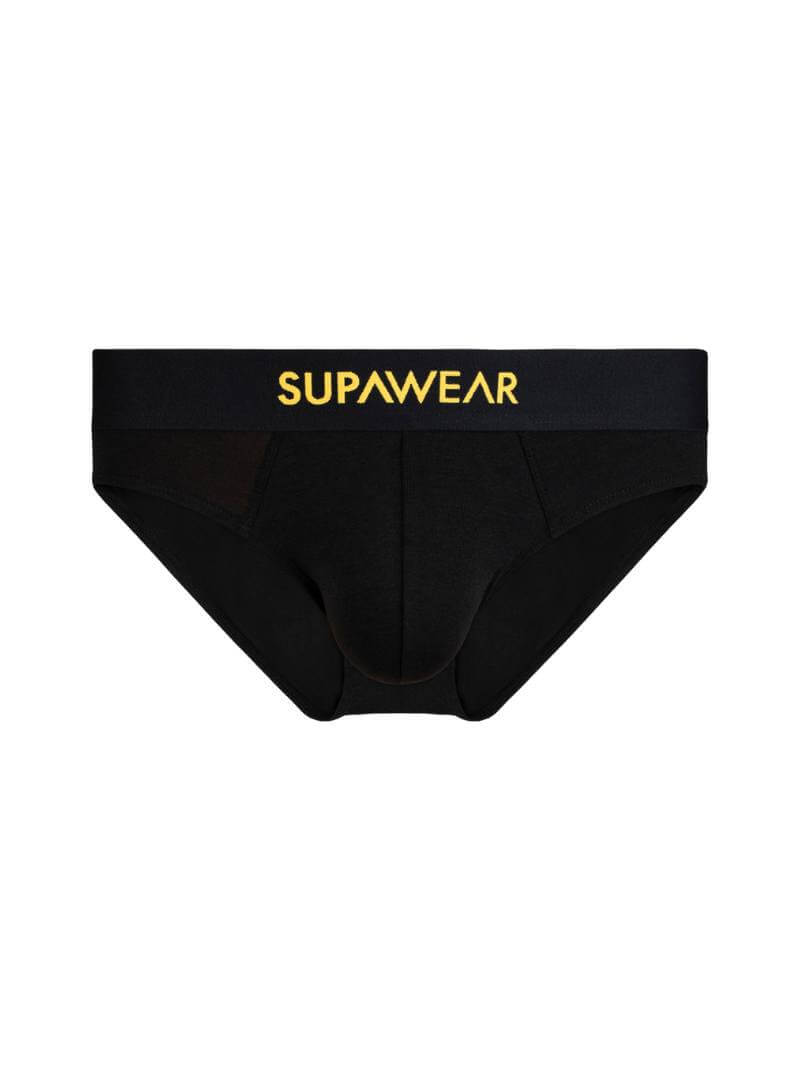 Black men's underwear with 'Supawear' logo on a white background