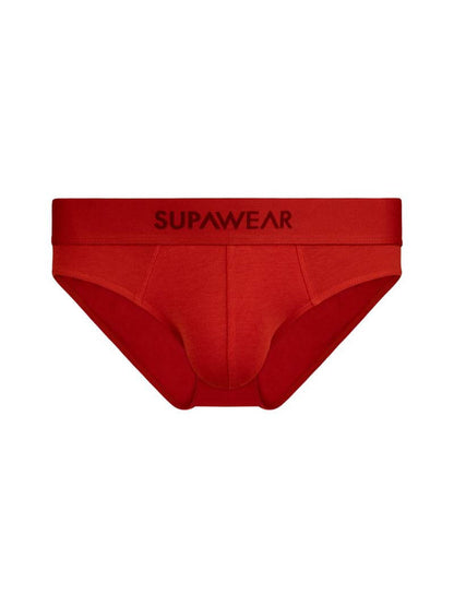 Red men's underwear with 'Supawear' branding on a white background
