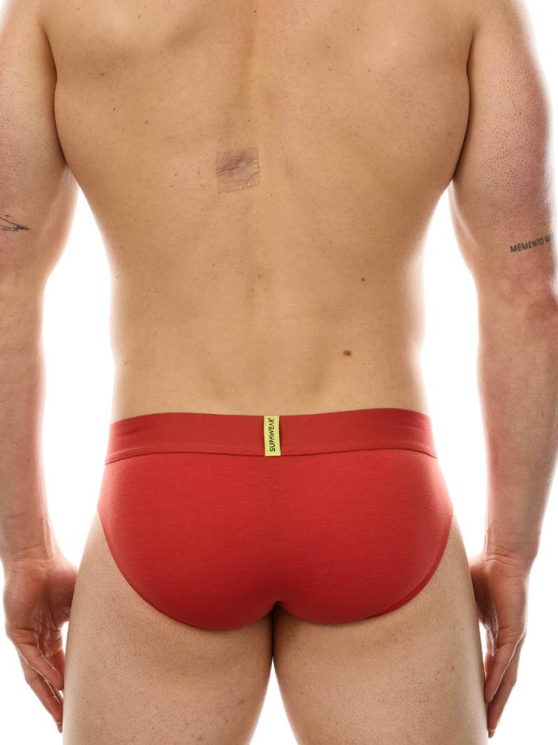 Red men's underwear with a brand logo on a white background