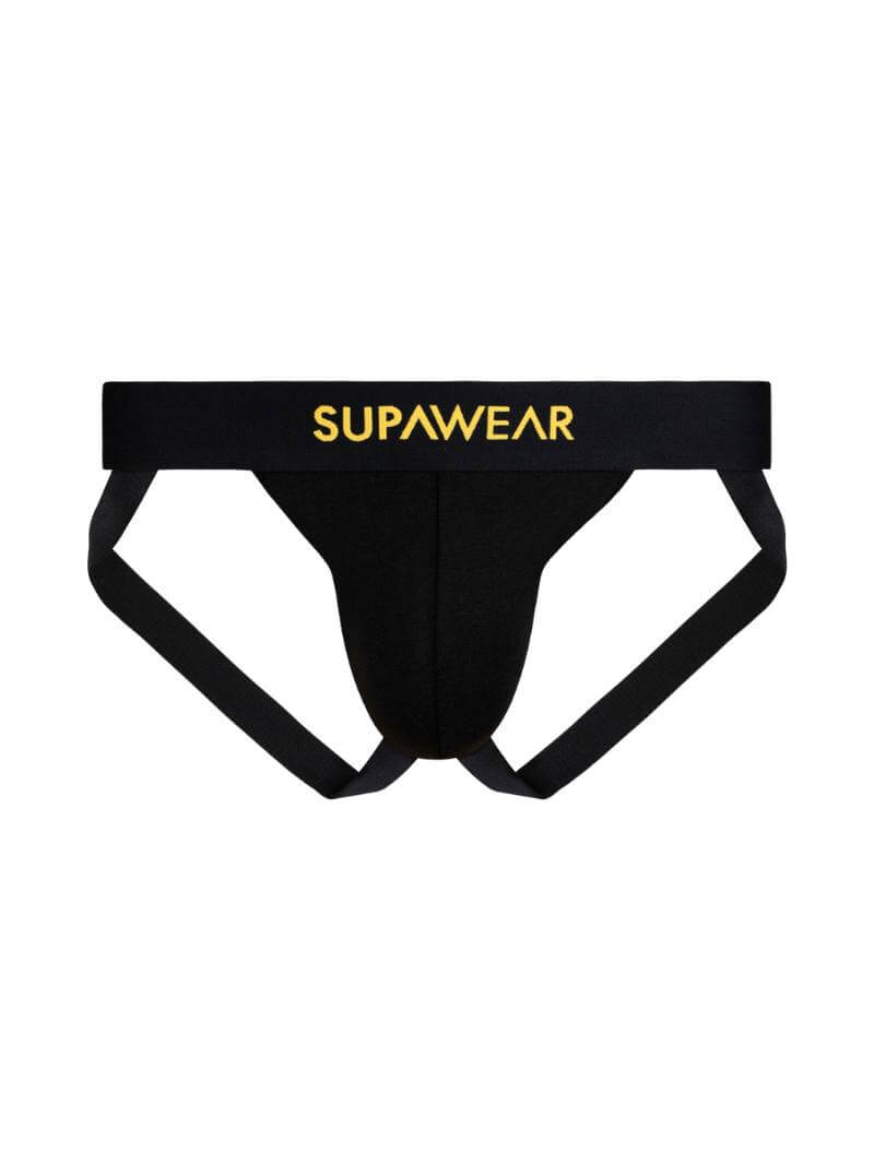 Black men's underwear with 'Supawear' logo on a white background