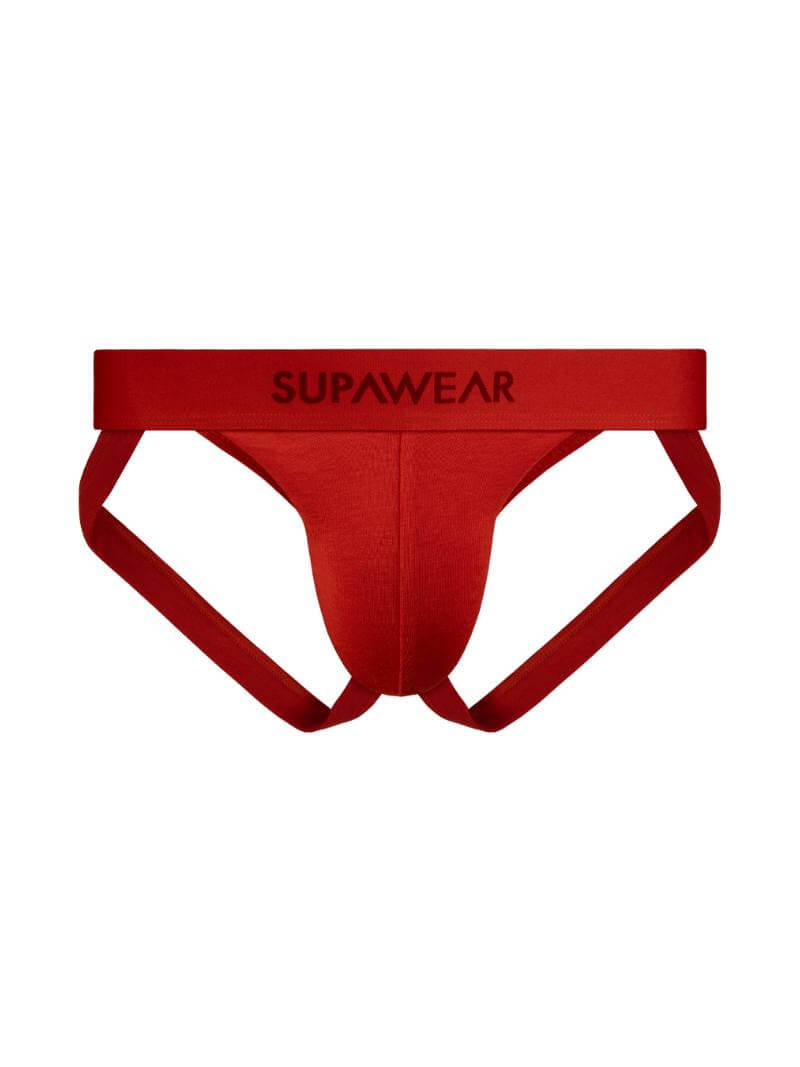 Red men's underwear with 'SUPAWEAR' branding on a white background