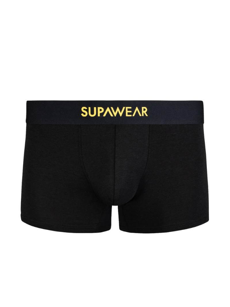 Black boxer briefs with gold 'Supawear' waistband on a white background