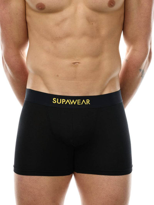 Black boxer briefs with 'Supawear' logo on a white background