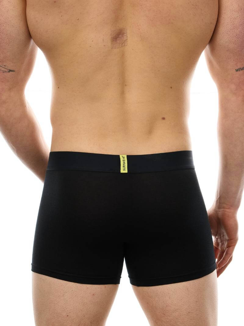 Person wearing black boxer briefs with a visible brand logo on a white background