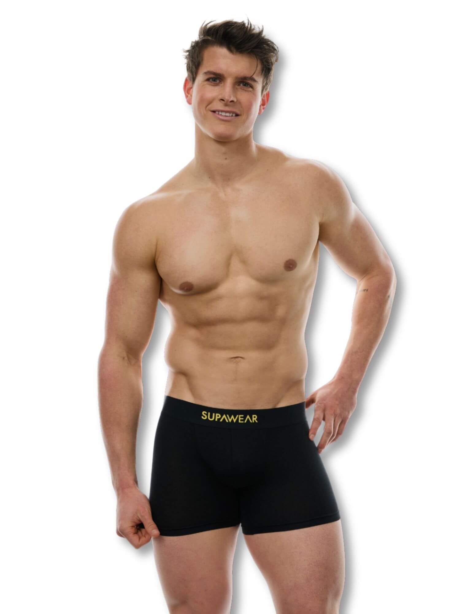 Man wearing black underwear with 'Supawear' branding on a white background