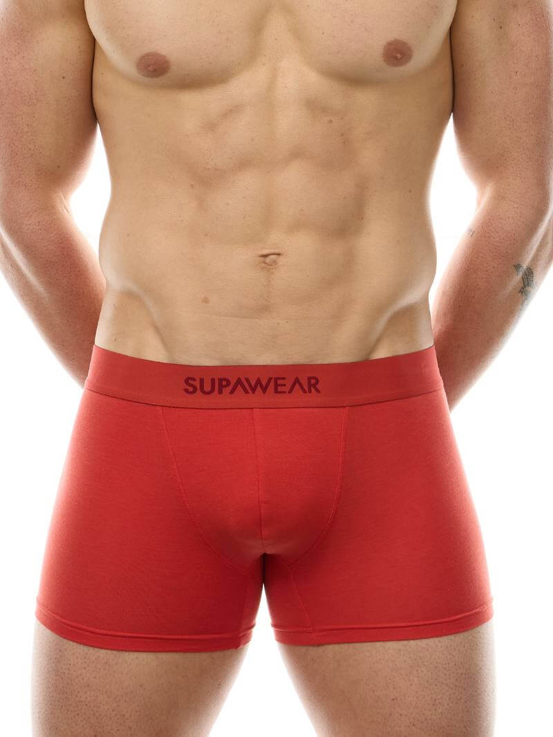 Red boxer briefs with 'Supawear' branding on a white background