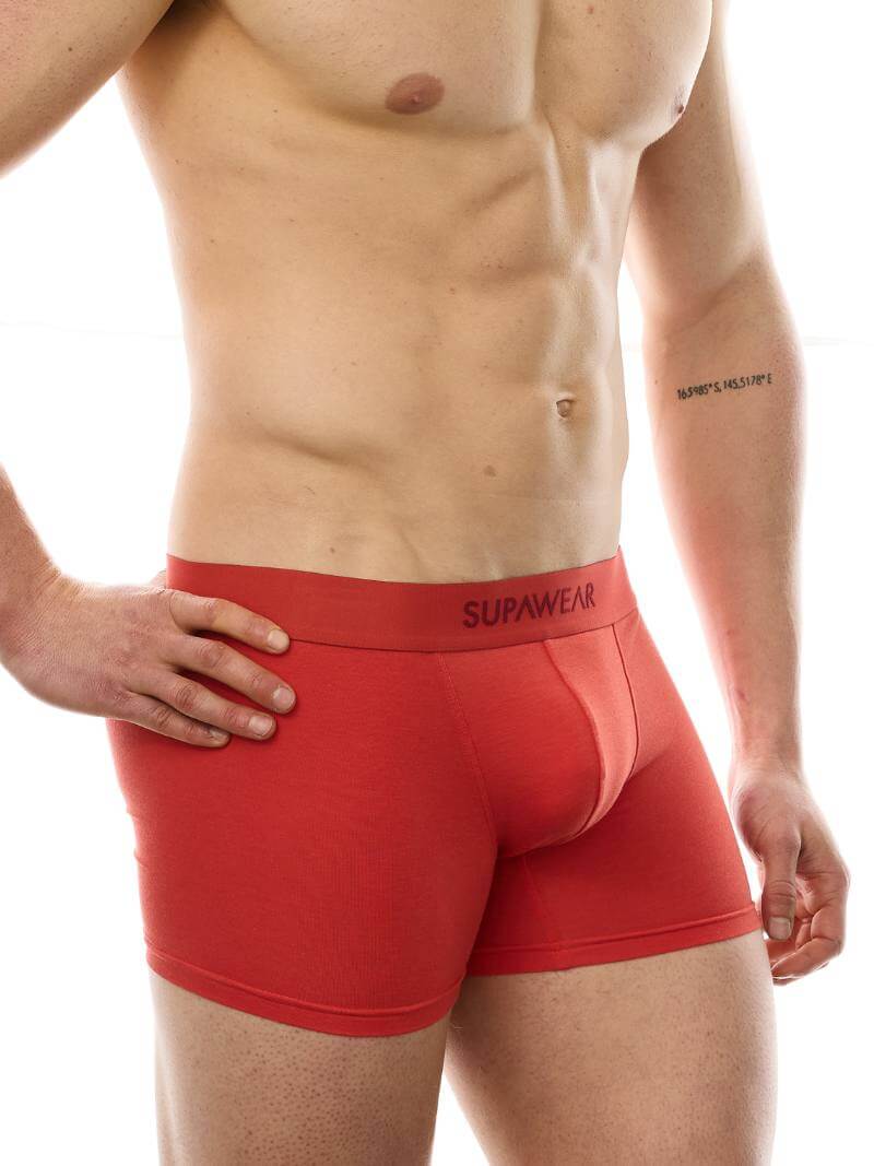 Red boxer briefs with 'Supawear' logo on a white background