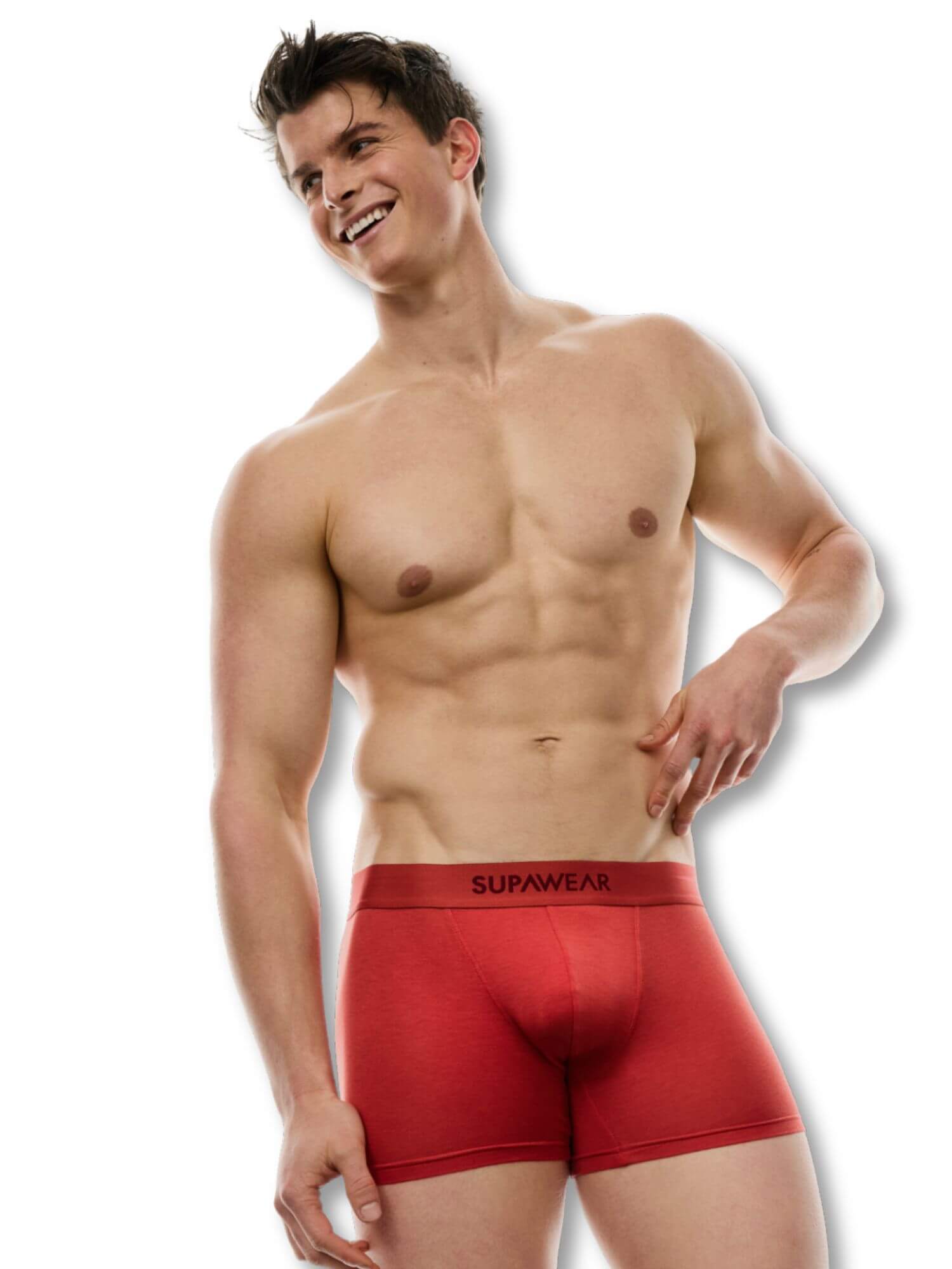 Man wearing red underwear with 'Supawear' branding on a white background