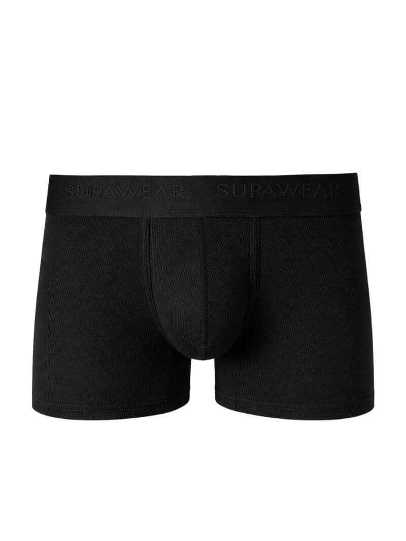 Black boxer briefs with 'Supawear' branding on a white background