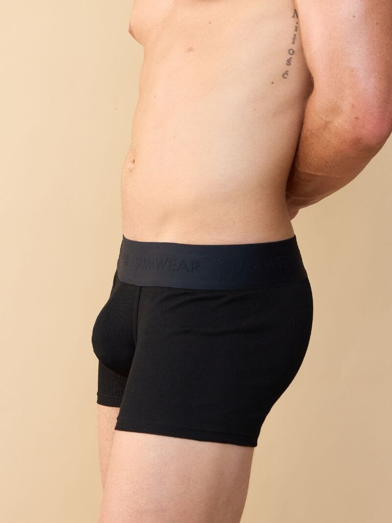 Person wearing black boxer briefs with a beige background