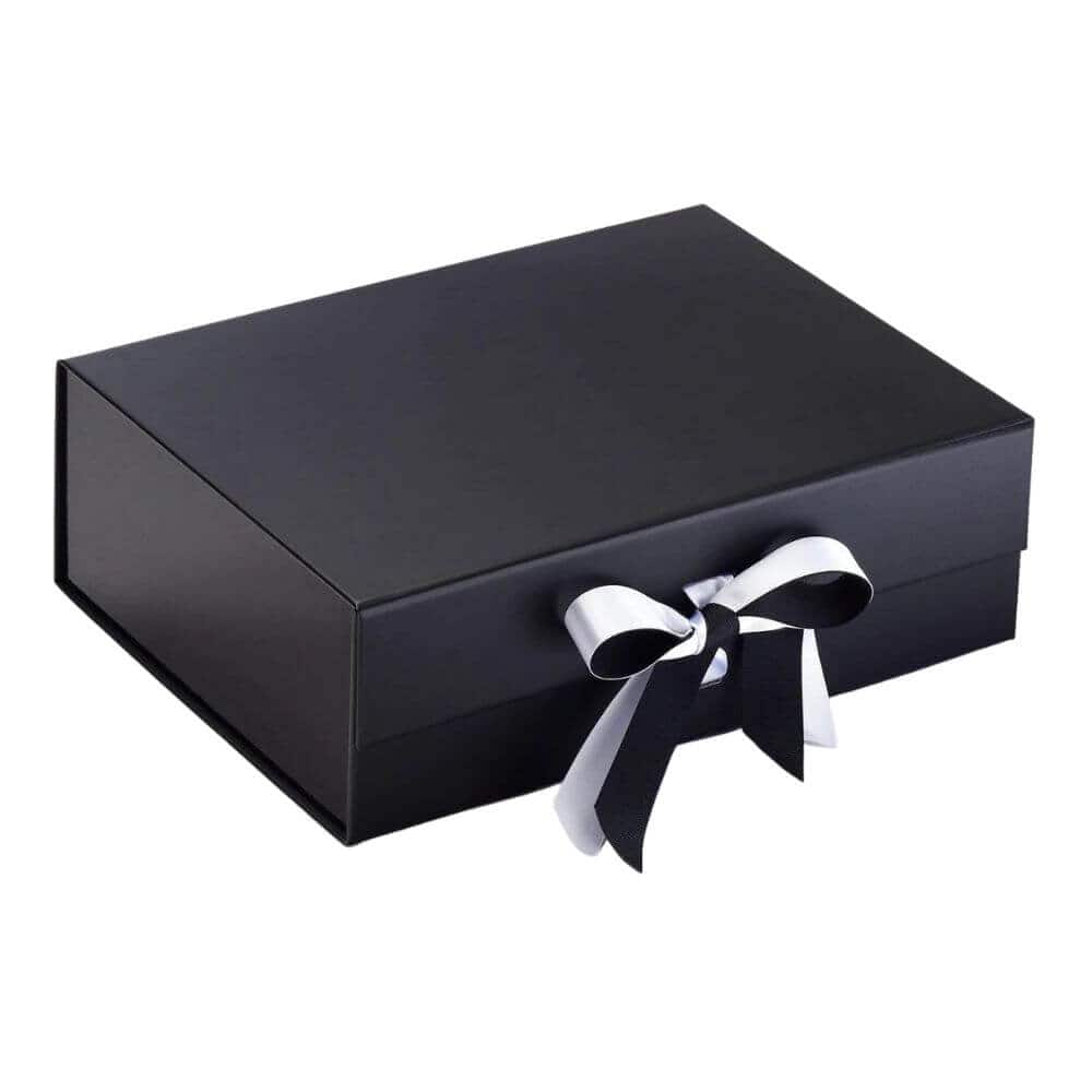 Black Magnetic Gift Box, White Tissue Wrap, Black & White Sparkle Double Ribbon Bow