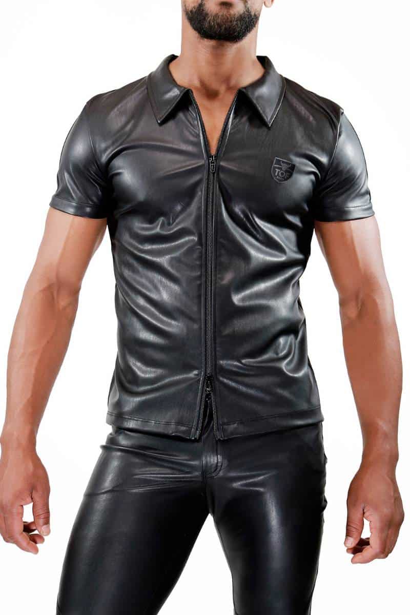 TOF Paris Mens Leather-Look Zipped Shirt