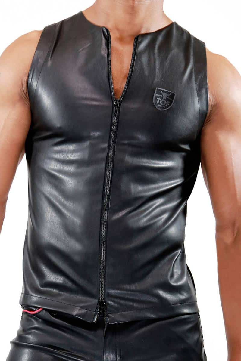 TOF Paris Mens Leather-Look Zipped Tank Top