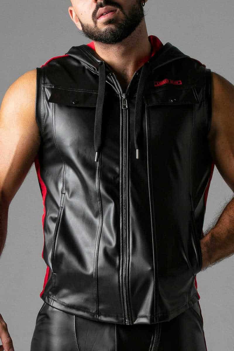 LOCKER GEAR Leatherette Sleeveless Hoodie Mens Zipped Leather Vest