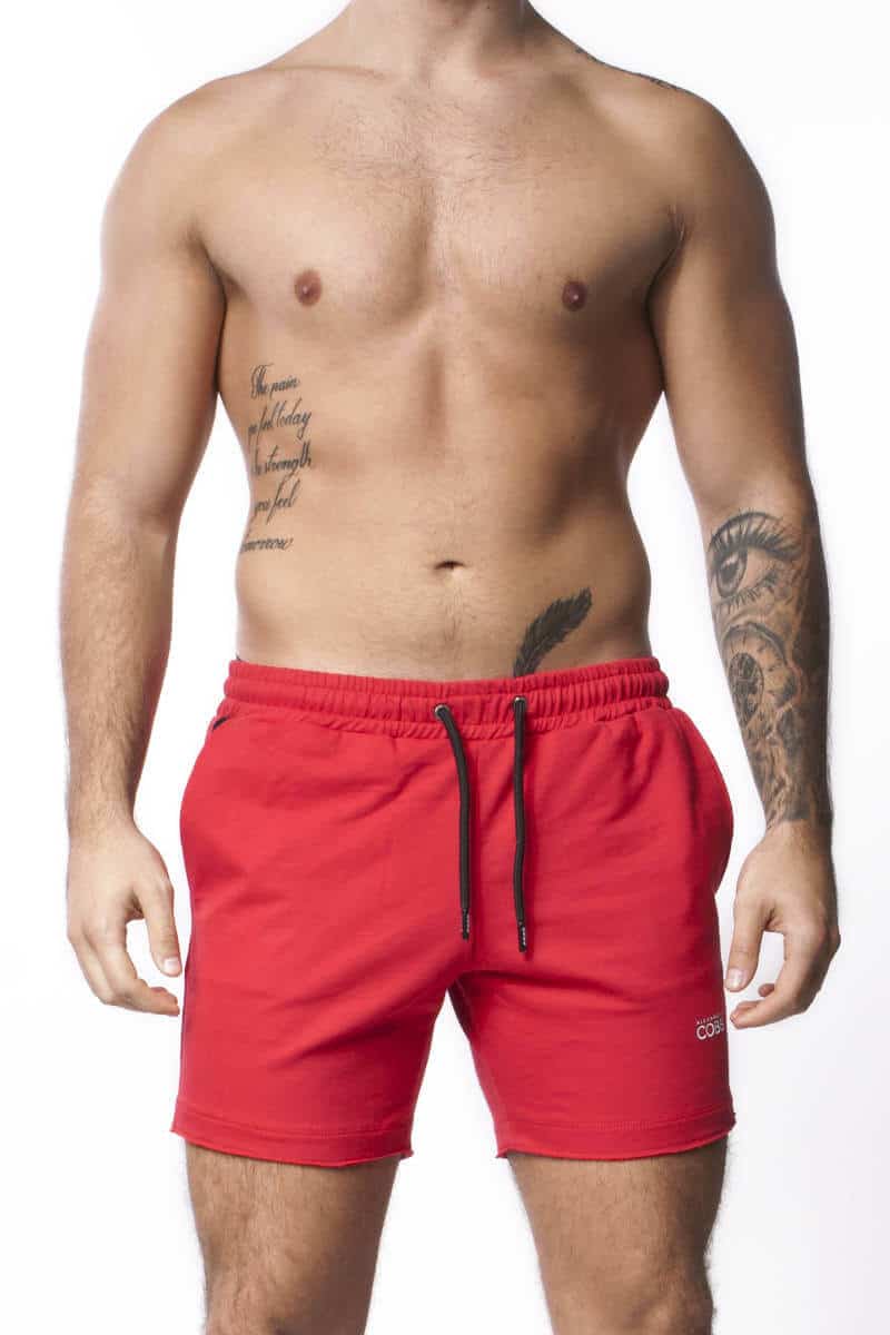 mens long leg red gym shorts