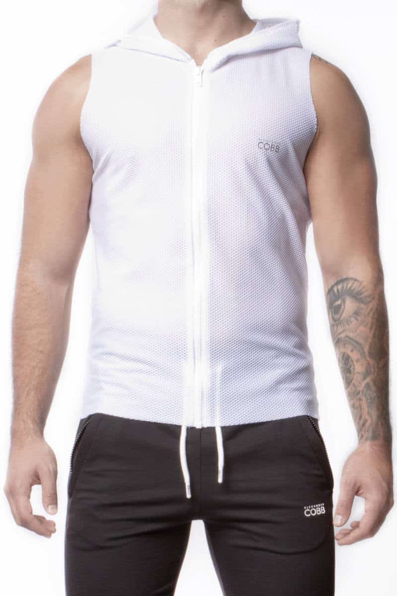 mens white hooded gym tank top
