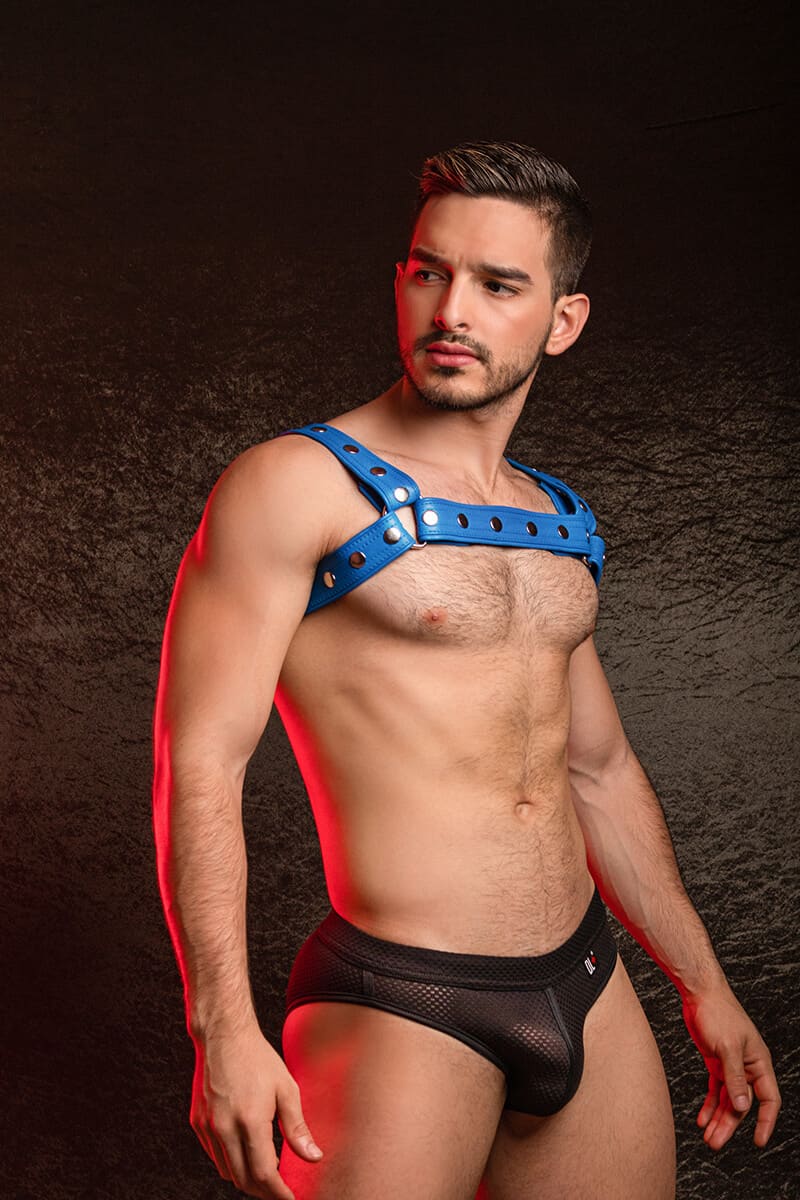 mens blue real leather gay chest harness
