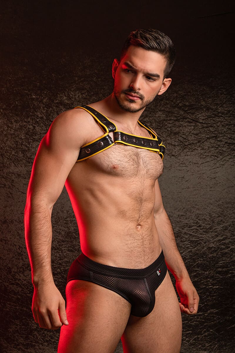mens real leather chest harness with yelllow trim