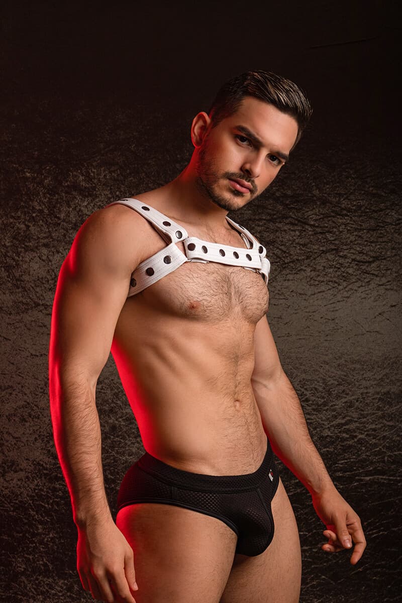 mens white real leather chest harness