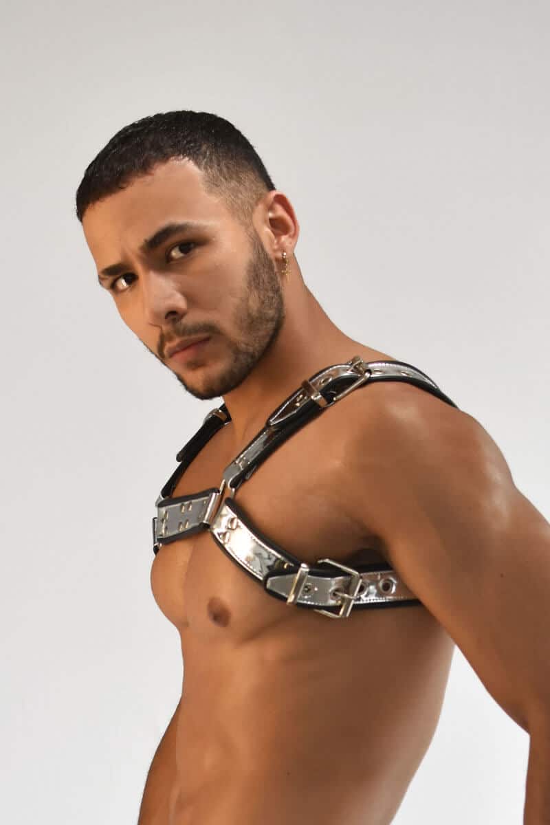 mens gay silver chest harness