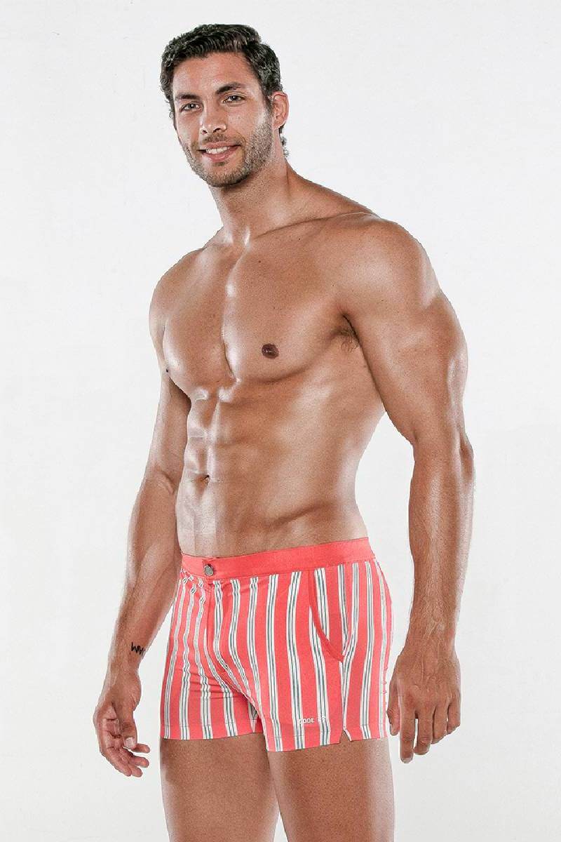 mens pink striped designer swim shorts