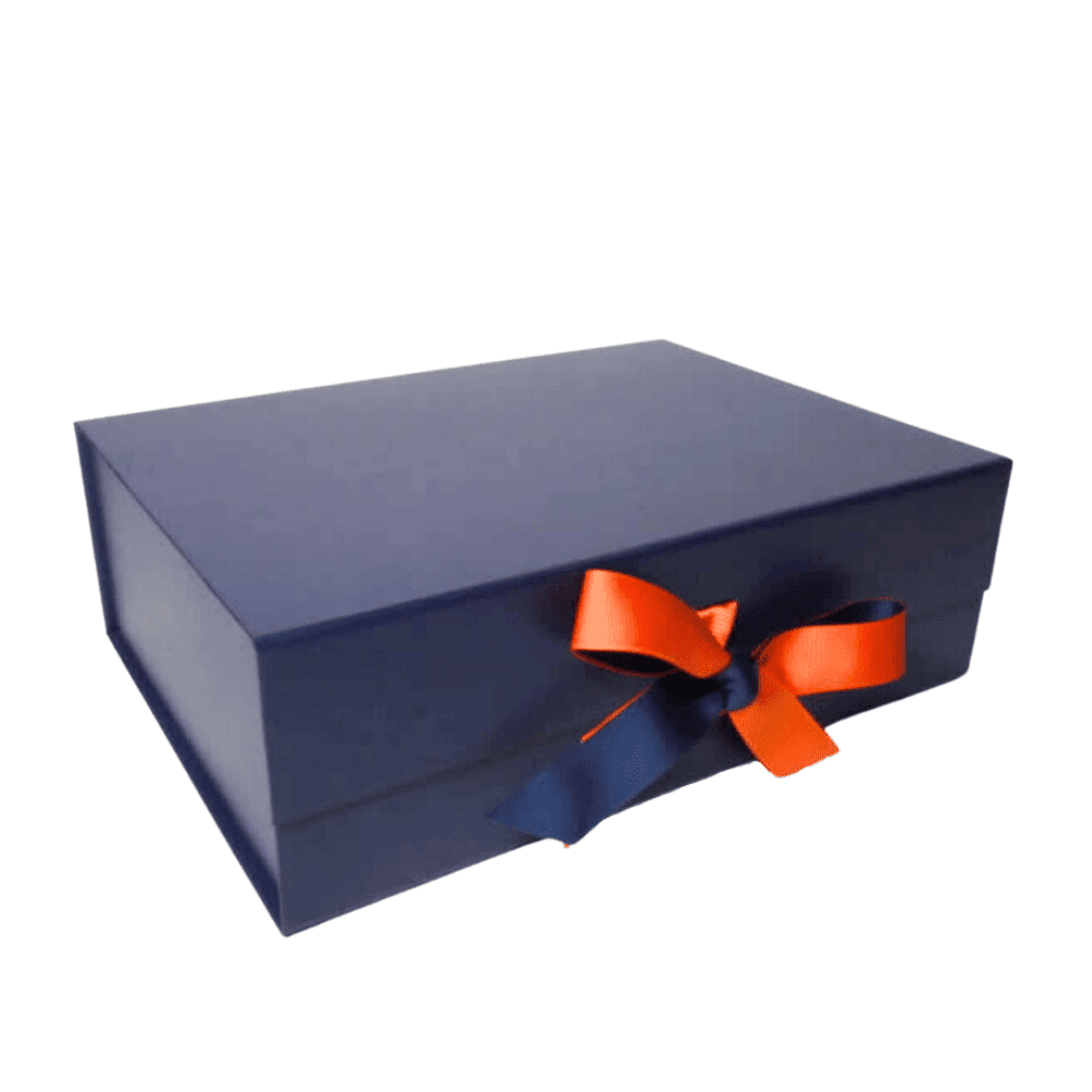 Blue Magnetic Gift Box, Orange Tissue Wrap, Blue & Orange Double Ribbon Bow