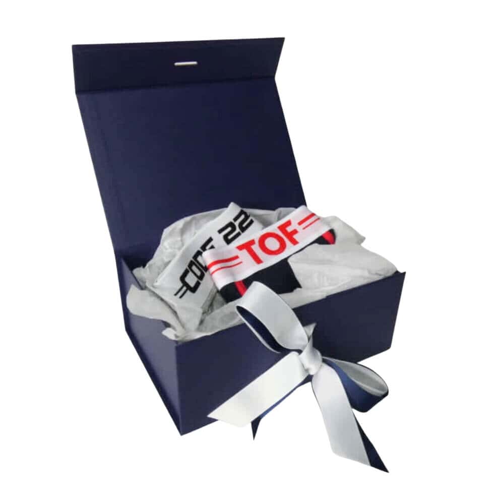 Blue Magnetic Gift Box, White Tissue Wrap, Blue & White Double Ribbon Bow