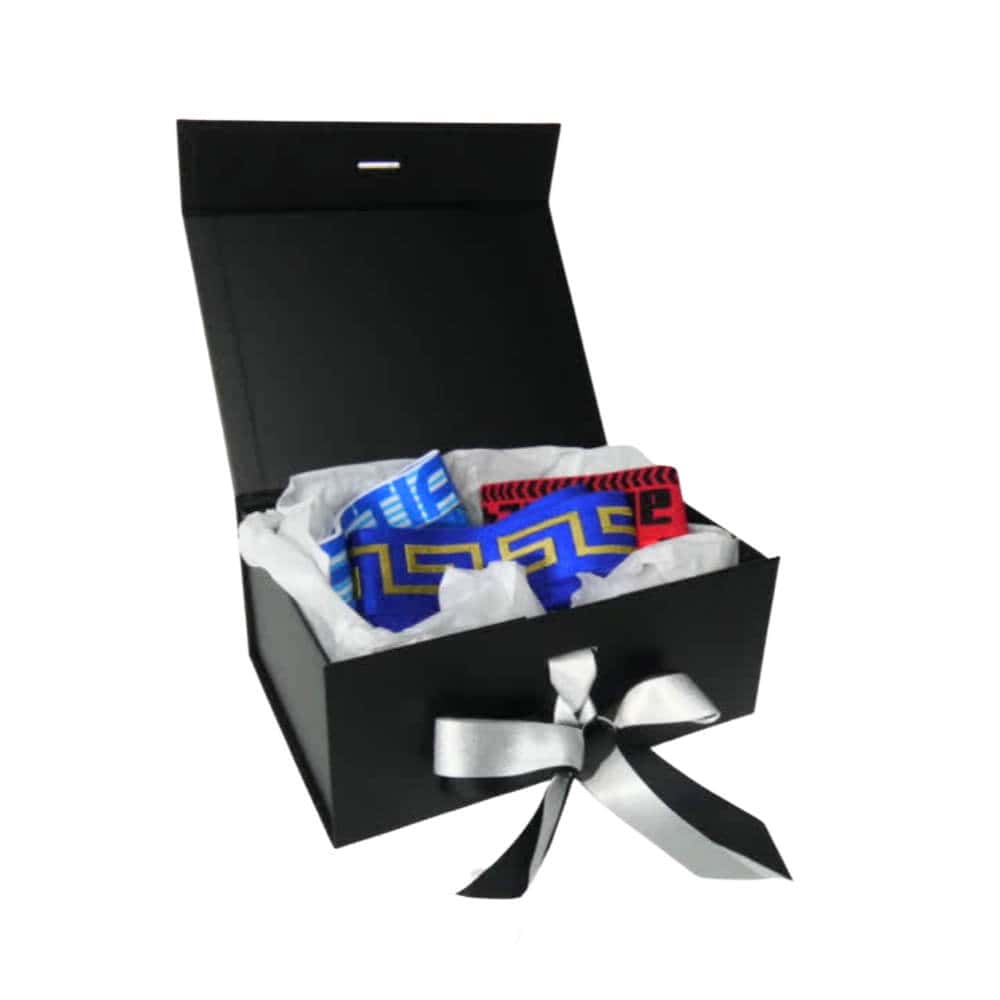 Black Magnetic Gift Box, White Tissue Wrap, Black & White Sparkle Double Ribbon Bow